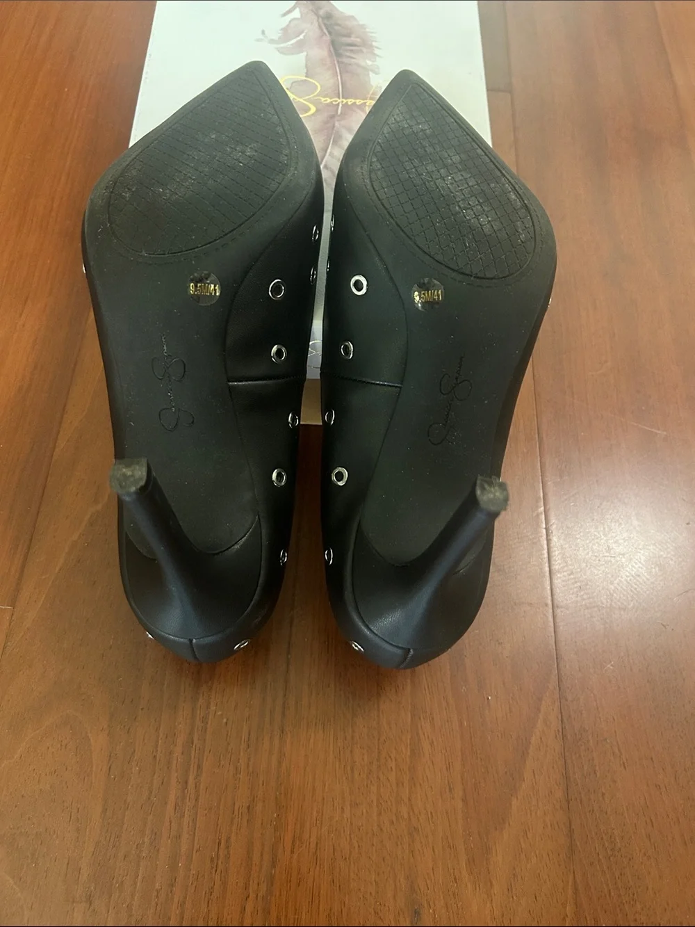 Jessica Simpson Black Pointed Toe Heels with Silver Eyelet Accents 9.5